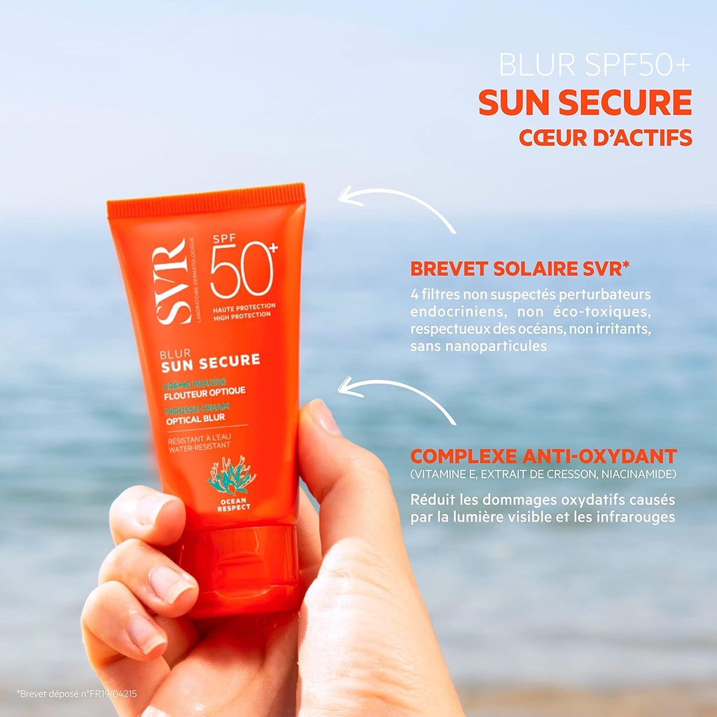 SVR/ Sun Secure Blur SPF50+ 50ml: اس في ار واقي شمس خافي للعيوب بلون البشرة
