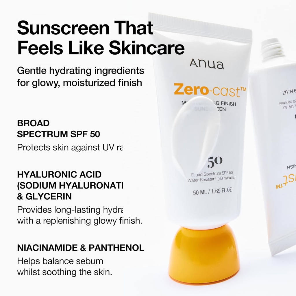 Anua/ Zero-Cast Moisturizing Finish Sunscreen SPF50+ 50ml: انوا زيرو كاست واقي شمس ومرطب مقاوم للماء