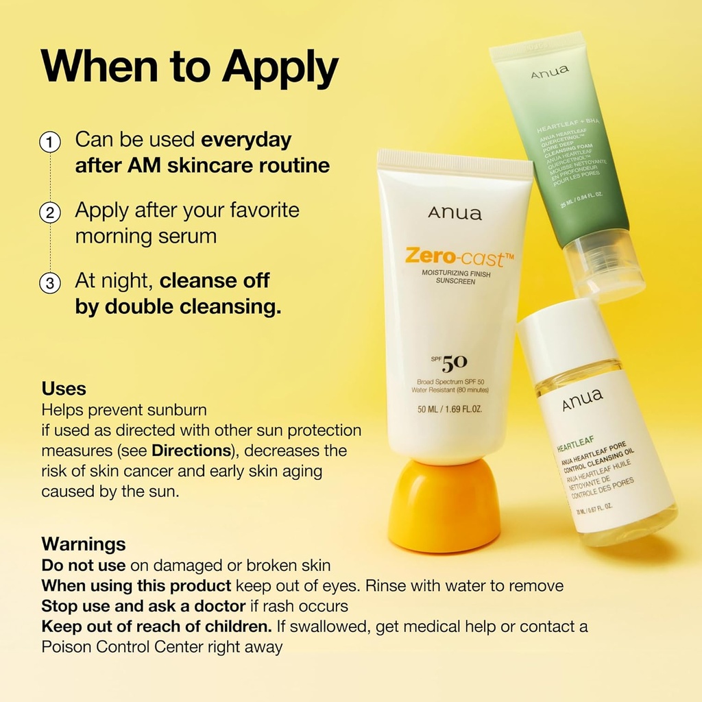 Anua/ Zero-Cast Moisturizing Finish Sunscreen SPF50+ 50ml: انوا زيرو كاست واقي شمس ومرطب مقاوم للماء