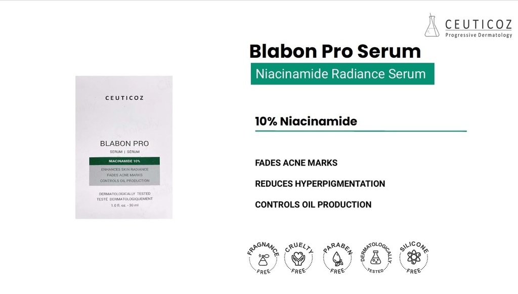 Ceuticoz/ Blabon Pro 10% Niacinamide Serum 30ml: سيروم نياسينمايد للتنظيم افراز الدهون وتقليص المسامات وتفتيح التصبغات