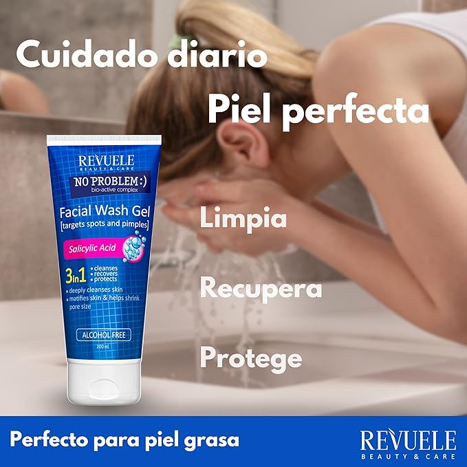 Revuele/ Facial Wash Gel 200ml: ريفيولي غسول الوجه 3 في 1 بمستخلص الساليسيليك