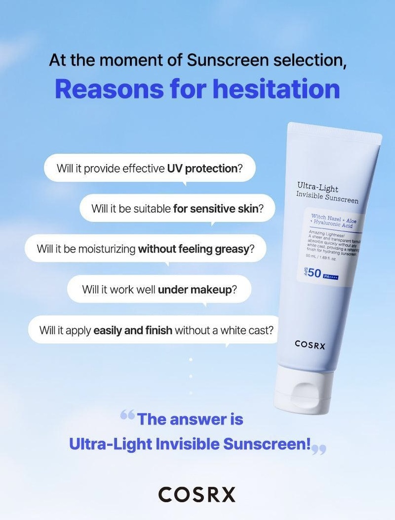 COSRX/ Ultra-Light Invisible Sunscreen SPF50 PA++++, 50ml : كوزركس واقي شمس خفيف وغير مرئي