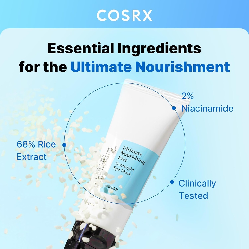 COSRX/ Ultimate Nourishing Rice Overnight Spa Mask, Rice Extract 68% and Niacinamide 2% - 60ml : كوزركس ماسك الأرز الليلي المغذي للترطيب والتفتيح