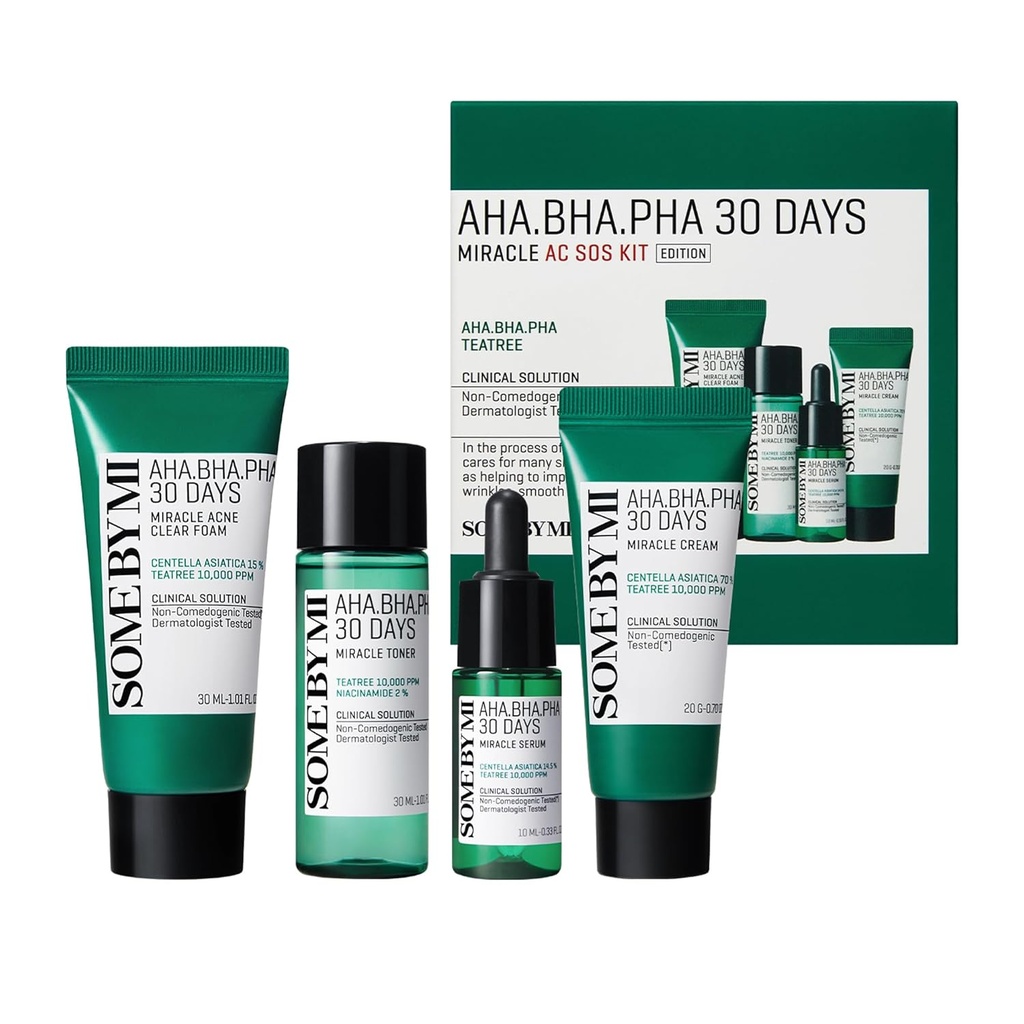 [SBM/008] SOME BY MI/ AHA BHA PHA 30Days Miracle Kit : بكج المعجزة سم باي مي للعناية بالبشرة (سيروم ، تونر ، غسول ، مرطب)