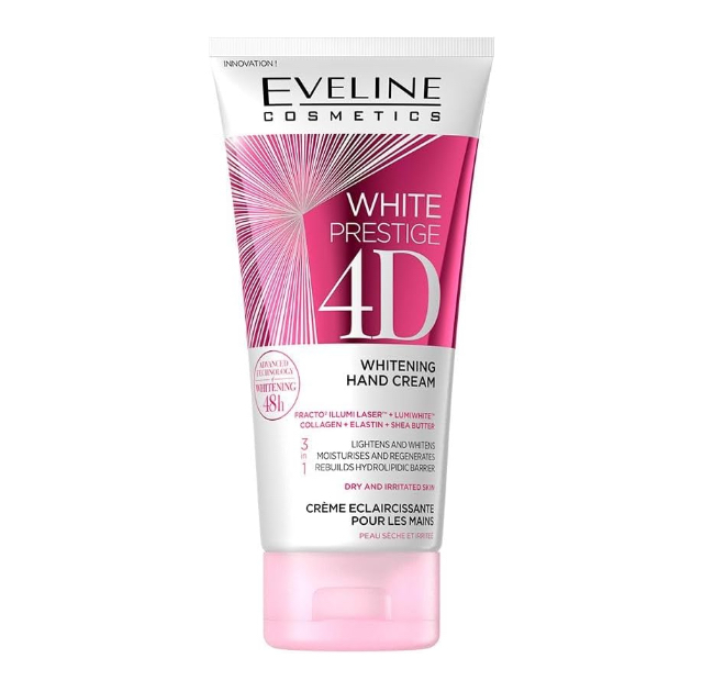 EVELINE/ White Prestige 4D Whitening Hand Cream With Shea Butter, Collagen And Elastin 100ml : ايفيلين كريم ترطيب وتبييض اليدين بزبدة الشيا والكولاجين والايلاستين